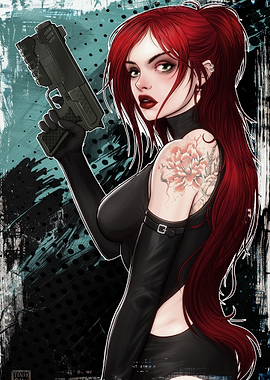 Redhead woman with gun and tattoo