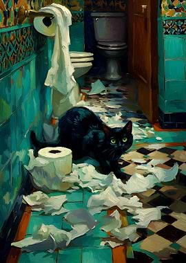 Black Cat in Messy Bathroom