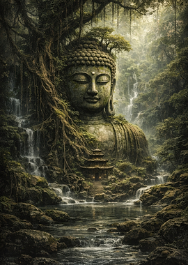 Ancient Buddha Statue in Lush Jungle