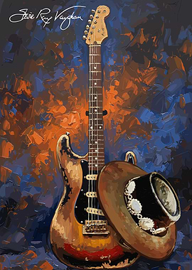 Stevie Ray Vaughan Guitar and Hat Painting