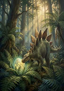Stegosaurus and glowing egg in forest