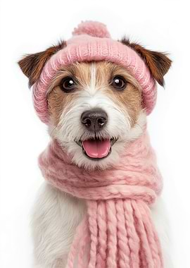 Cozy Parson Russell Terrier Dog Wearing Pink Hat and Scarf