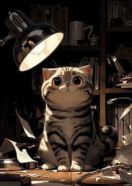 Cute naughty cat under desk lamp