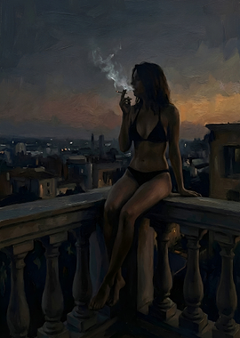 Woman Smoking on a Balcony at Dusk