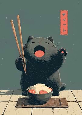 Happy Cat Eating Rice with Chopsticks