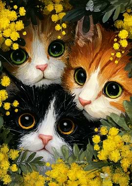 Three Cute Cats Peeking Through Flowers