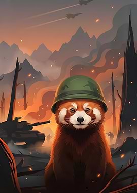 Red Panda Soldier in War Zone