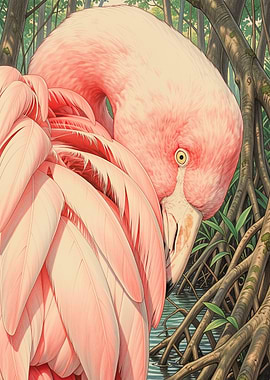 Close-up of a Pink Flamingo in Mangroves