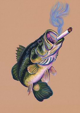 Fish black bass Smoking a Cigarette
