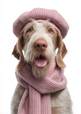 Cozy Spinone Italiano Wearing Pink Scarf and Beret