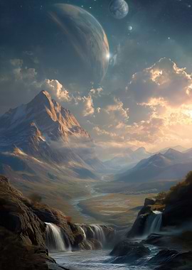 Alien Mountain Valley with Planets