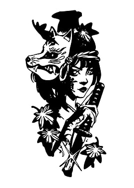 Samurai Woman with Fox Mask and Katana