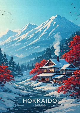 Snowy Hokkaido Landscape with Traditional House