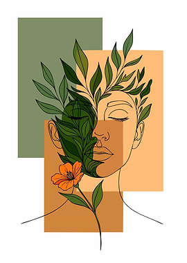 Woman with Flowers and Leaves