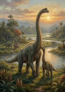 Dinosaurs in a prehistoric landscape at sunset