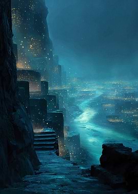Mystical Cityscape with Glowing River