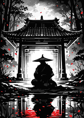 Samurai Meditating by Torii Gate