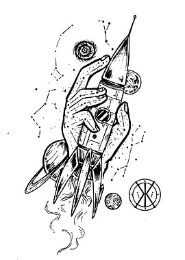 Hand holding a rocket in space