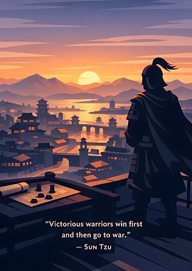 Sun Tzu Quote with Warrior and Cityscape