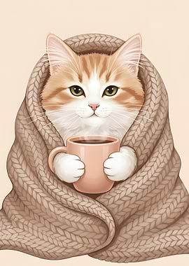 Cute Cat Wrapped in Blanket with Coffee