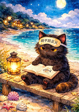 Black Cat Reading on a Beach at Night
