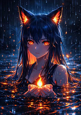 Anime Girl Holding Fire in Water
