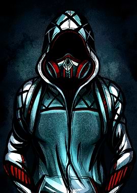 Hooded figure with gas mask