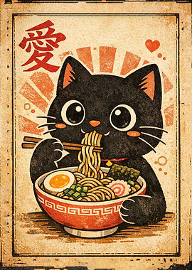 Retro Vintage Cute Black Cat Eating Ramen