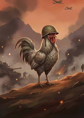 Rooster in Military Helmet on Battlefield