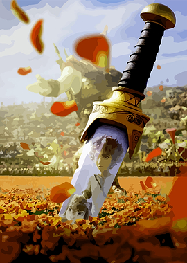 Sword with reflection of children in a field