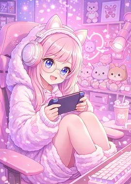 Cute Anime Girl Playing Video Games