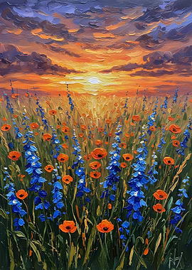 Sunset over a Poppy and Delphinium Field