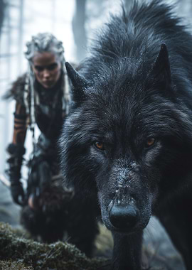 Warrior Woman and Black Wolf in Forest