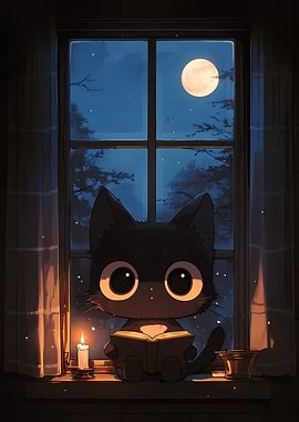 Cute black cat reading by moonlight