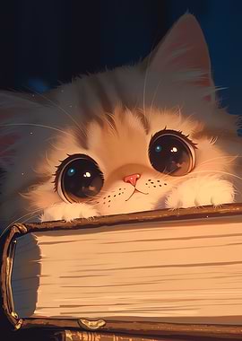 Cute kitten peeking over a book