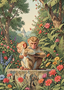 Two Monkeys in a Lush Garden