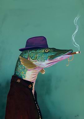Anthropomorphic Fish Wearing Hat and Smoking