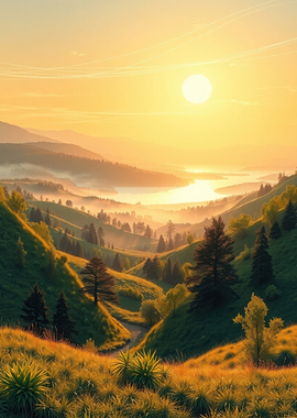 Sunrise Over Misty Mountains and River