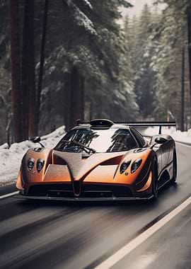 Orange supercar in snowy forest