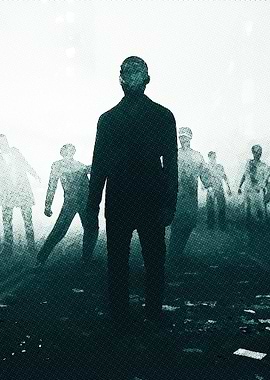 Silhouetted figures in a dystopian landscape