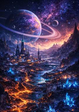 Alien Cityscape with Ringed Planet