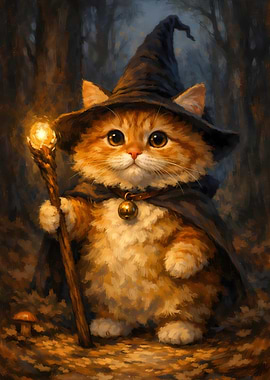 Cute Wizard Cat with Magic Staff
