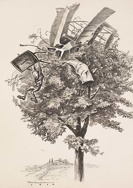 Man hanging from a tree with debris