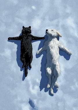 Cat and Dog Lying in Snow