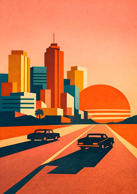 Retro Cityscape with Cars at Sunset