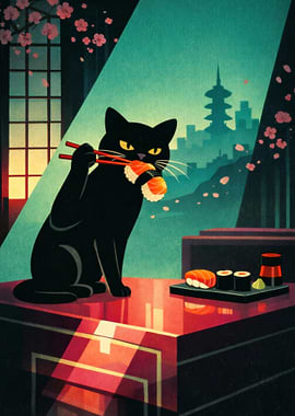 Black Cat Eating Sushi