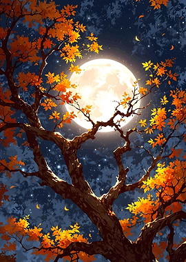Autumn Tree Under Full Moon