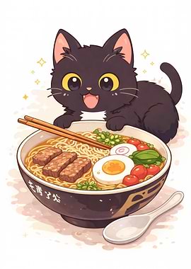 Cute Black Cat with Ramen
