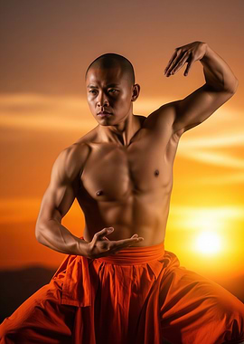 Shaolin Monk Practicing Kung Fu at Sunset
