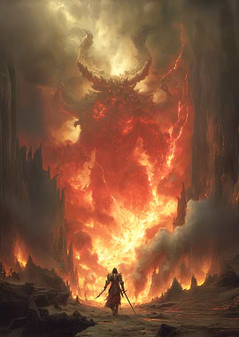 Warrior facing a fiery demon
